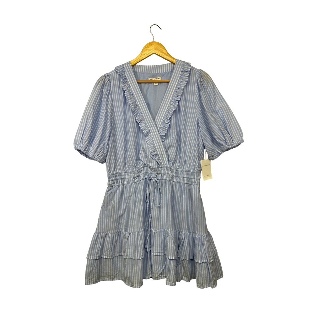 Cottagecore Free Assembly NWT Women L Blue Striped Ruffle Puff Sleeve Mini Dress